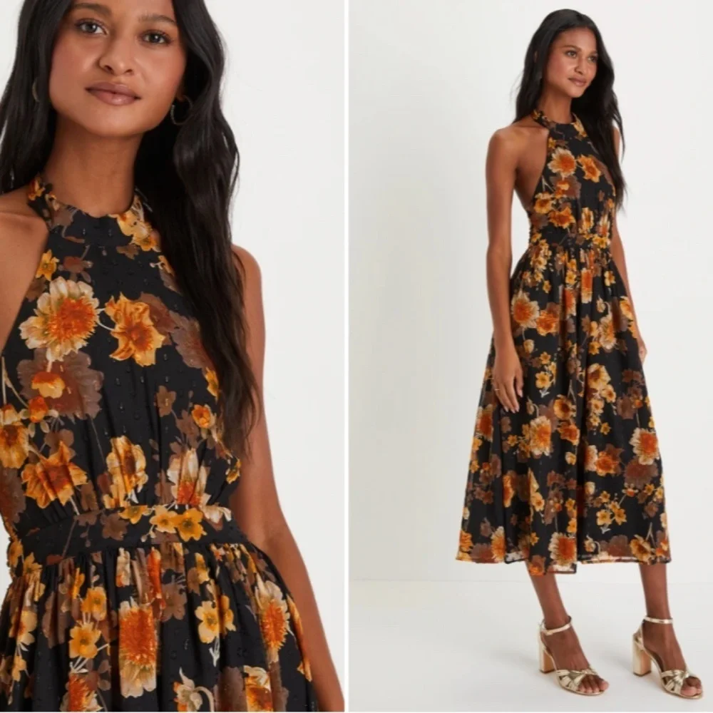 LULU's Floral Sexy Flowy Special Event Prom Wedding Elegant Midi Dress - Picture 4 of 5